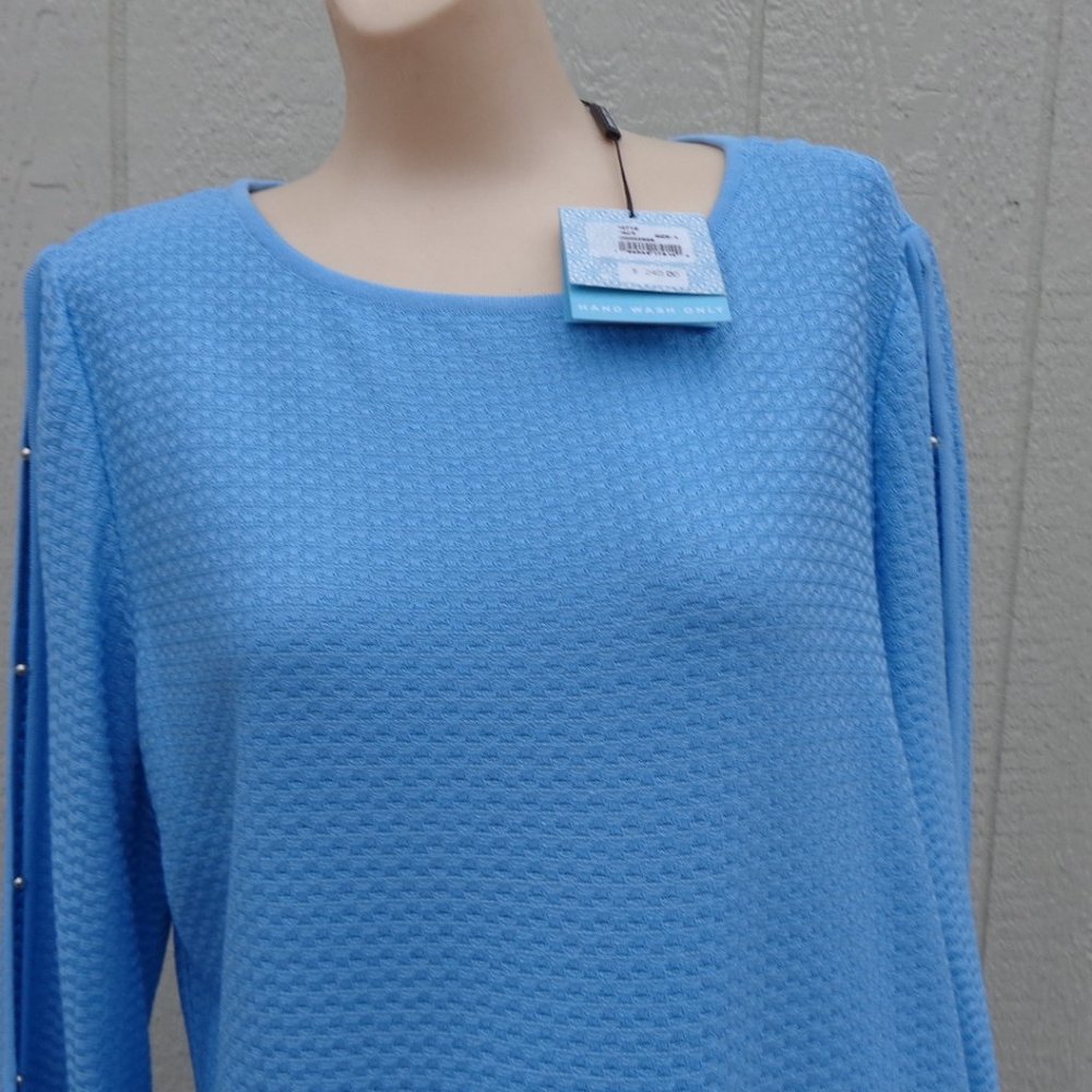 New Ming Wang Powder Blue Textured Dress Slit Sleeves XL $240 Grommet Tr…